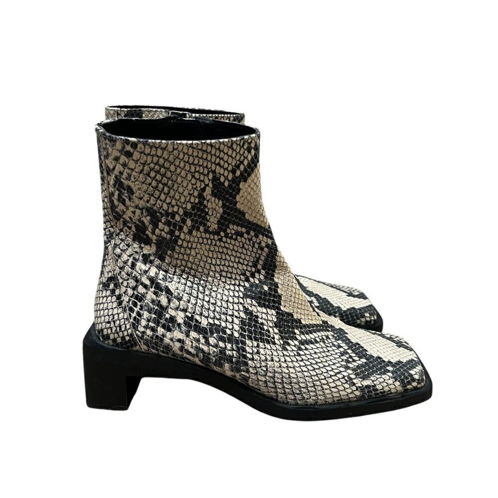 Zara Python Snakeskin Embossed Leather Block Heel Ankle Boots Size 37 US 6.5